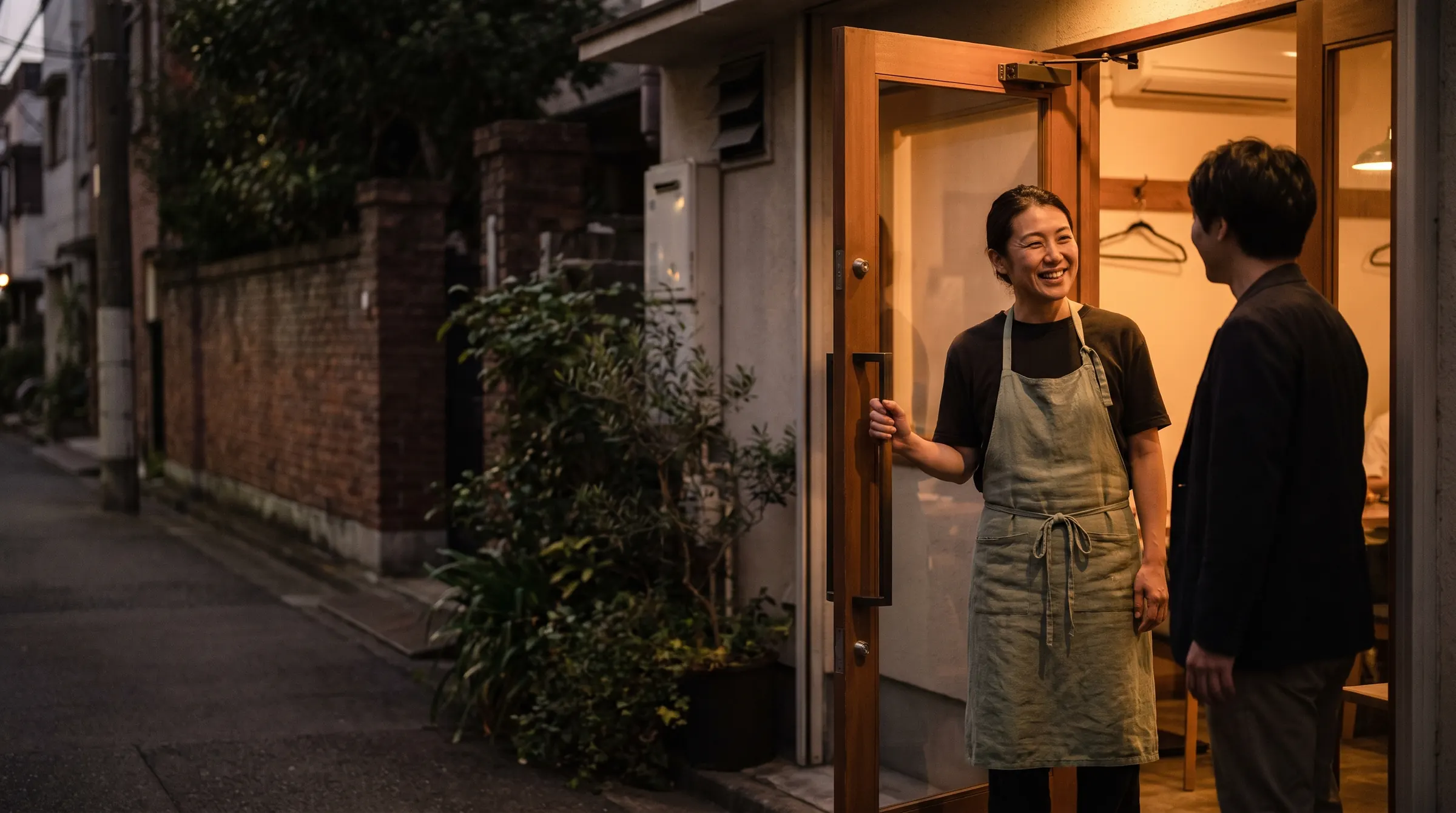 A host in an apron greets a guest at the door of a small restaurant at dusk