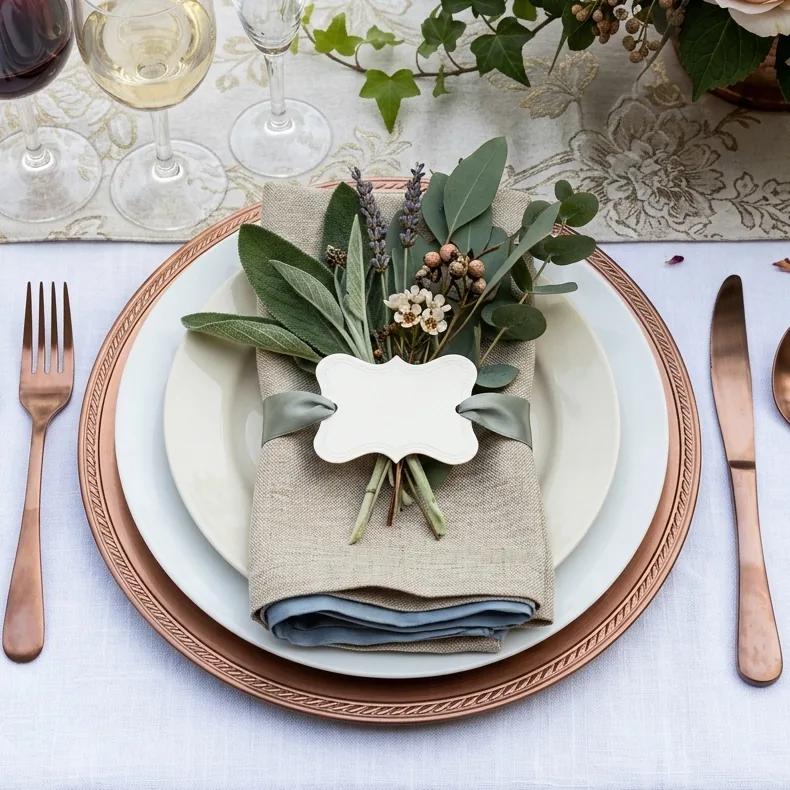A dinner place setting with a name card tied to the napkin